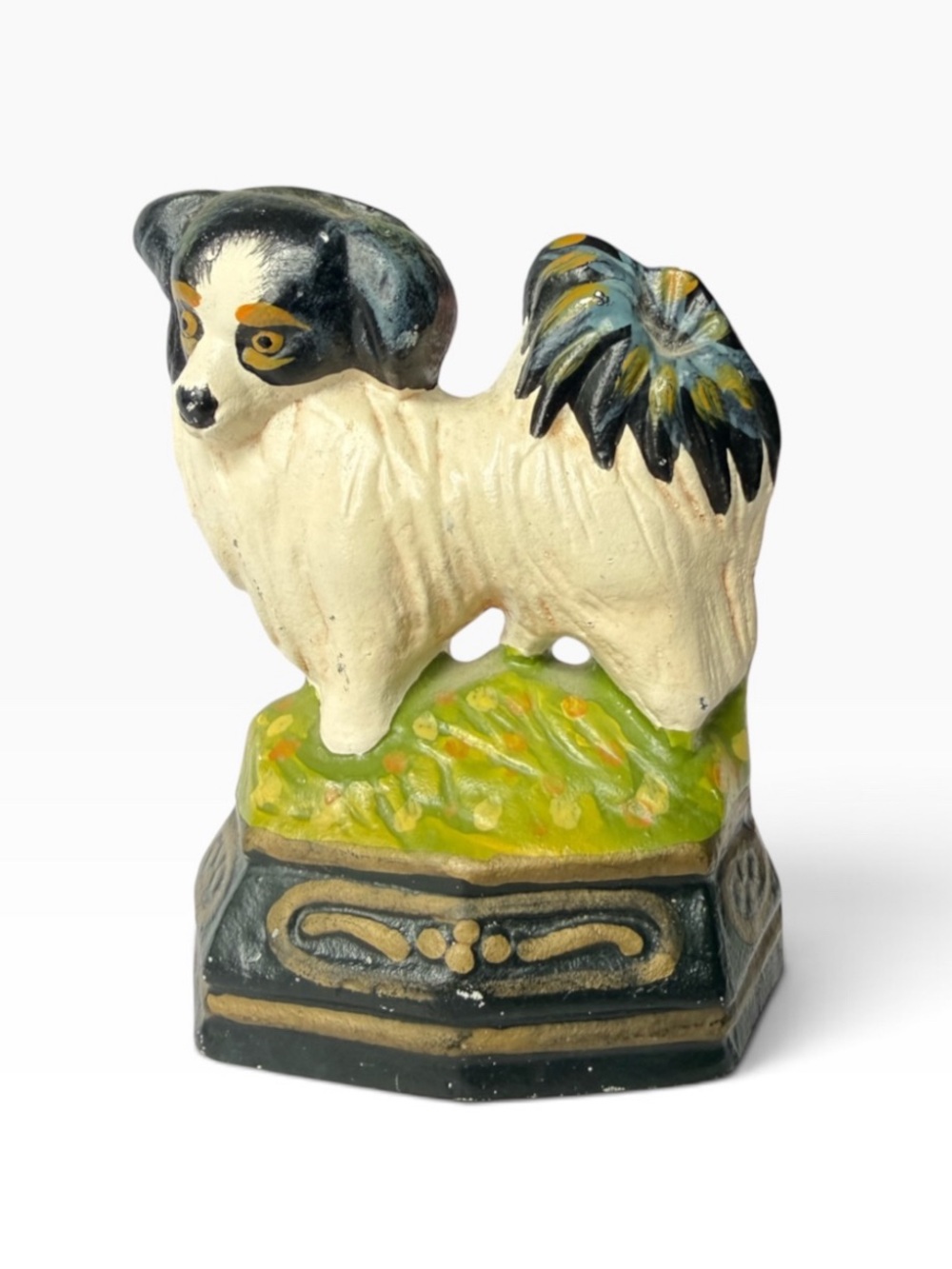 Vintage Black White Cream Papillon Toy Dog Cast Iron Metal Mini Small Doorstop